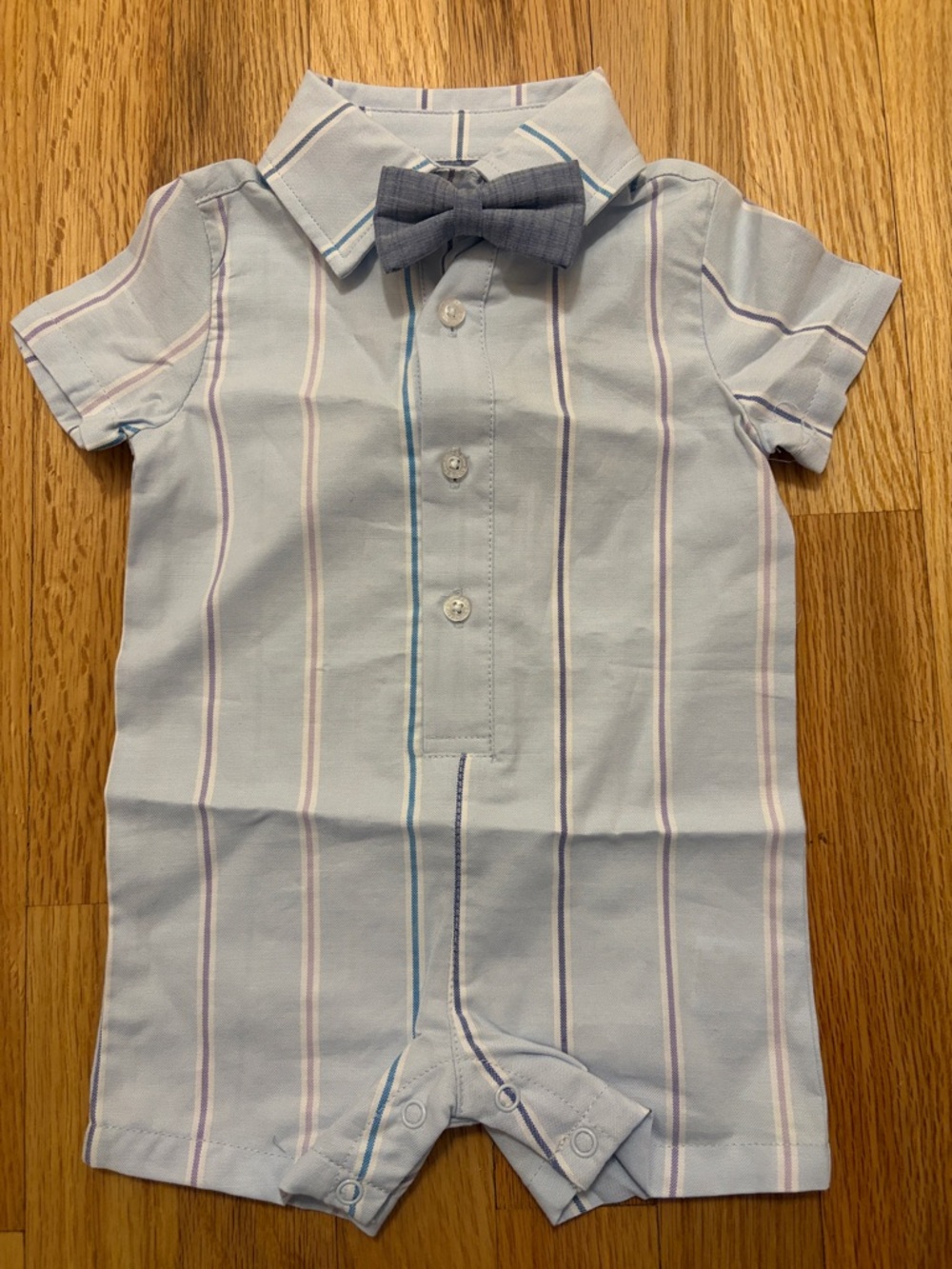 Baby Boys' Light Blue Stripe Shortall with Bow Tie